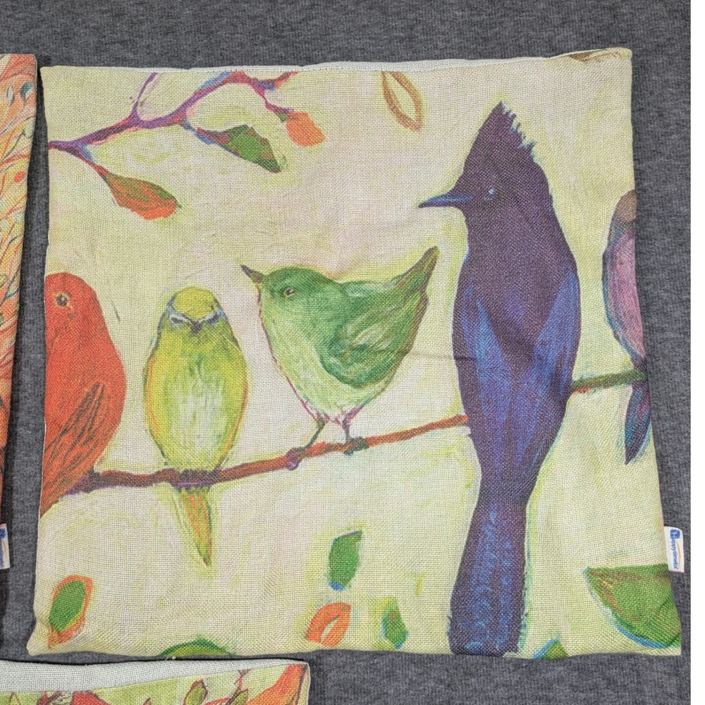 Set of 3 Throw Pillow Covers Burlap Birds Coloful 17"x17" Zipper Closing - Picture 5 of 8